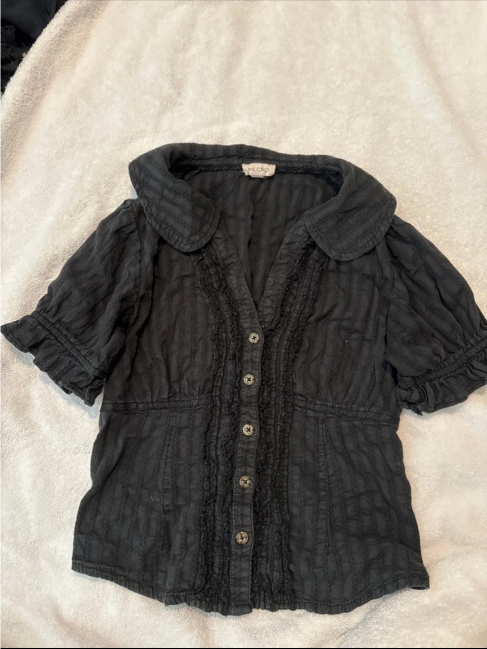 Anthropologie Pilcro Textured Black Button-Front Semi Sheer top